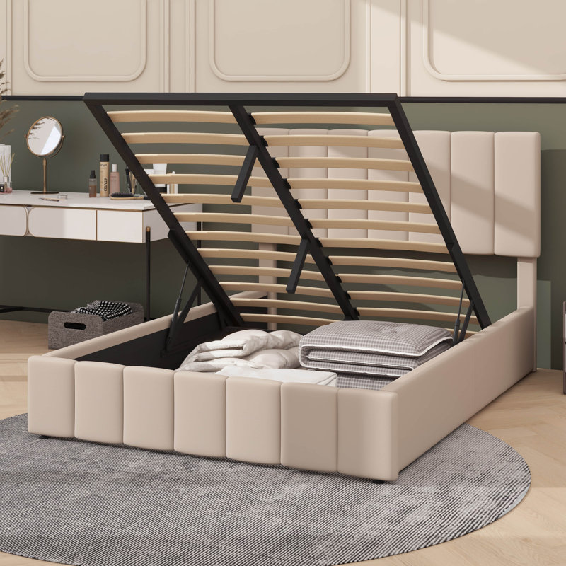 Lit plateforme tapissier avec mécanisme de rangement hydraulique, Beige, Double