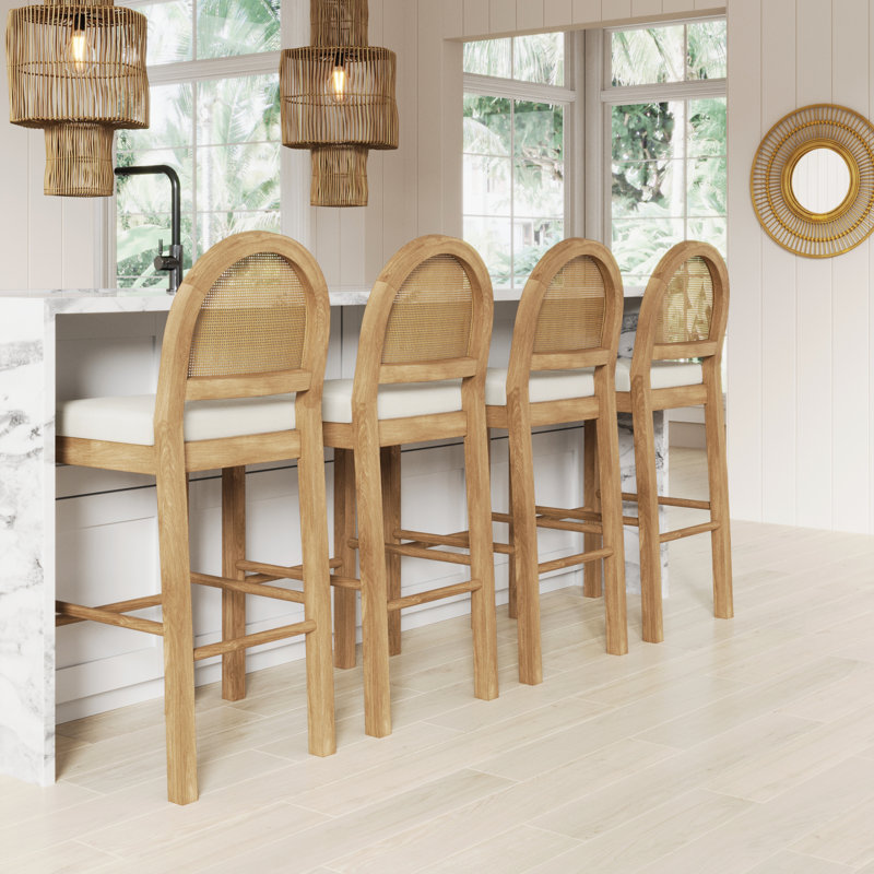 Bailey Light Brown Boucle Upholstered Bar Stools with Rattan Back, Set of 4