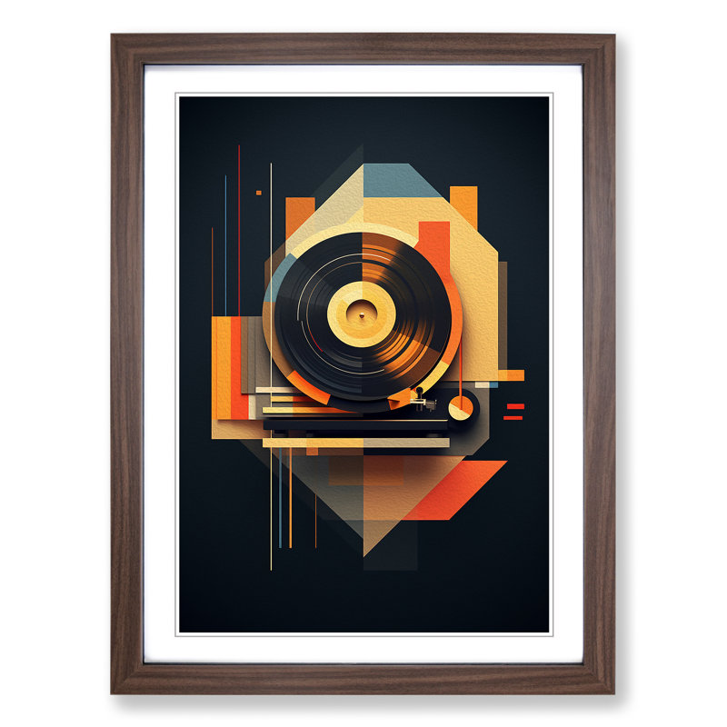 XYZ-FRM-V1223-1666 Vinyl Record Player Geometric - Single Picture Frame Print on Wood, Walnut, 46cm H x 34cm W x 2cm D