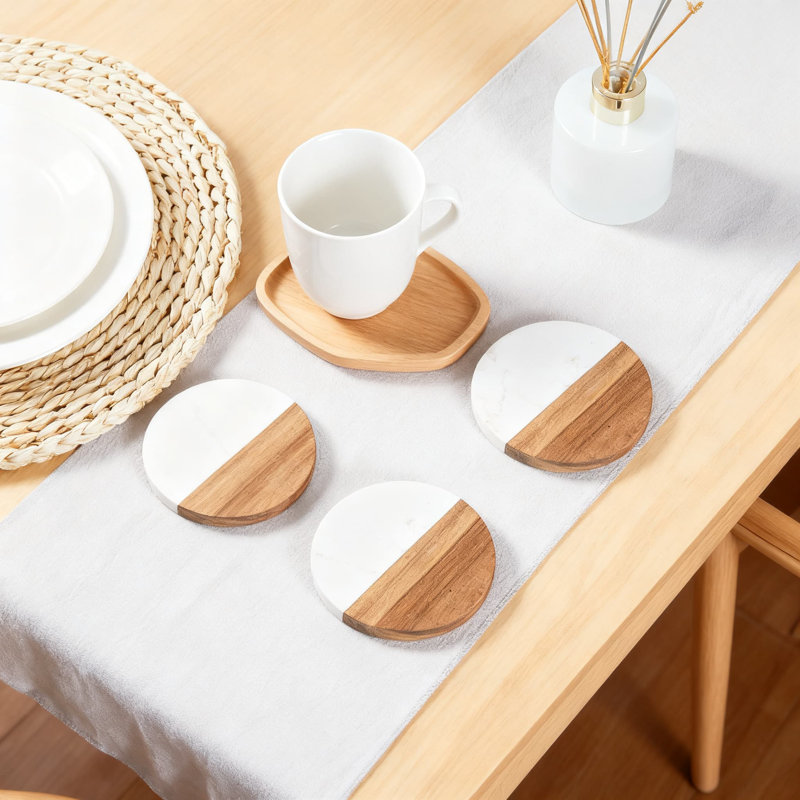Ensemble de 4 sous-verres en bois de marbre résistants à la chaleur pour les boissons et les gobelets, Blanc