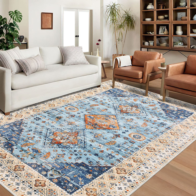 Vintage Machine Washable Rugs Oriental Floral Non-Slip Rug for Living Room Bedroom Nursery Dining Table Bedside Decor