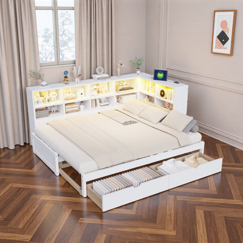 Modern Daybed With 2 Storage Drawers, Storage Cabinets, Led Light And Usb Ports, White