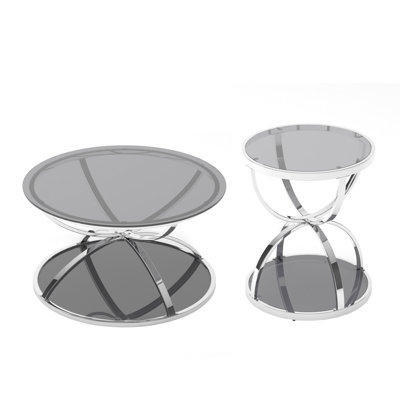 Ensemble de tables basses modernes en verre avec 2 niveaux, cadres en forme d'anneau, finition chromée et verre trempé, ensemble de tables basses rondes pour salon, chambre à coucher et bureau (ensemble de 2)