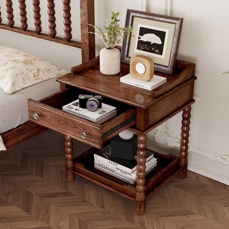 Table de chevet rectangulaire en bois noyer de 20,4 po de largeur avec tiroir et tablette ouverte