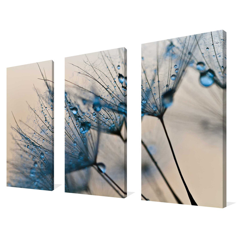 «Flower Water Droplets 2» - 3 pièces, reproduction de photo sur toile tendue, H 32 po x l 48 po x P 0,75 po