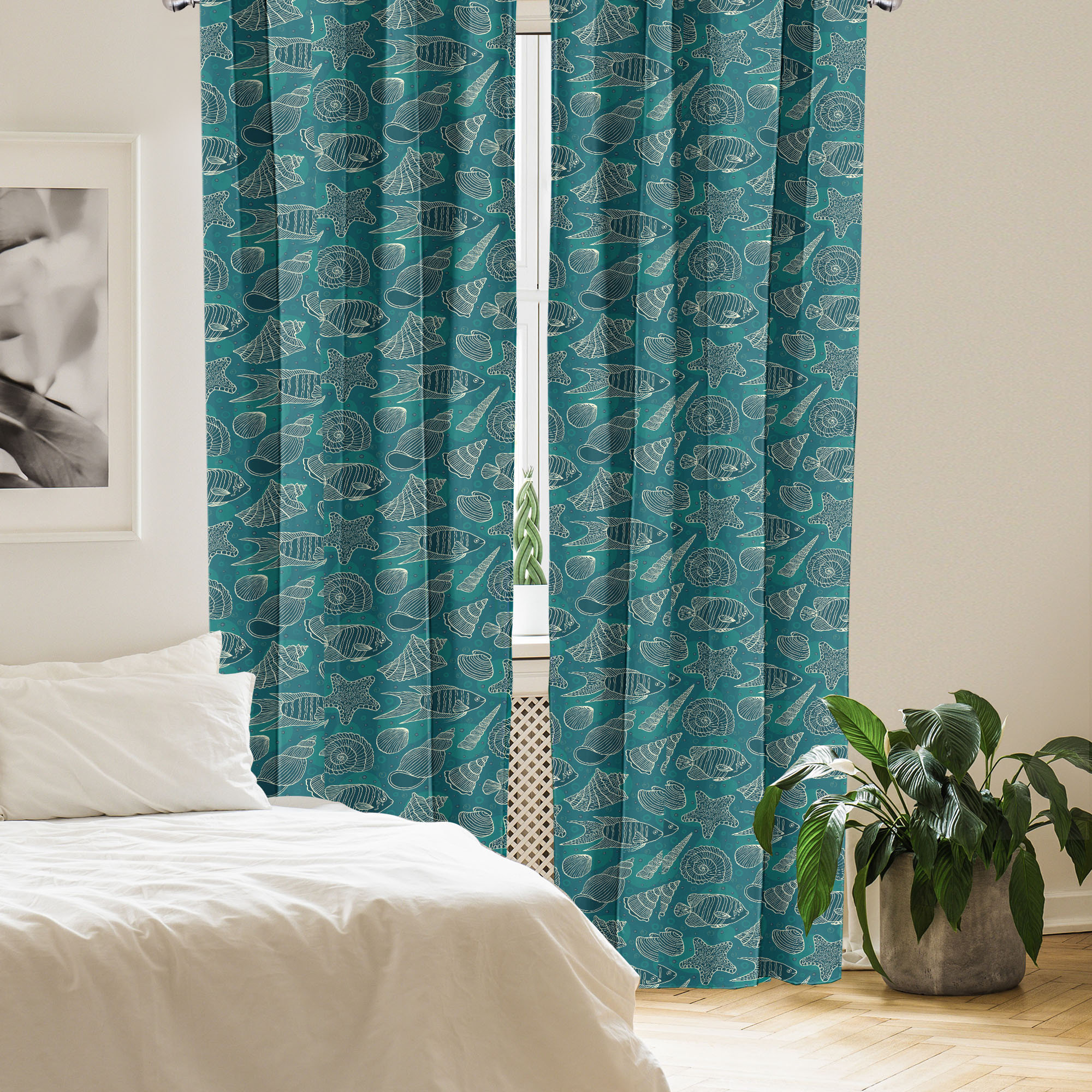 Bungalow Rose Sea Shells 4-Panel Curtains, Ocean Line Design Petrol Blue Teal Beige | Wayfair