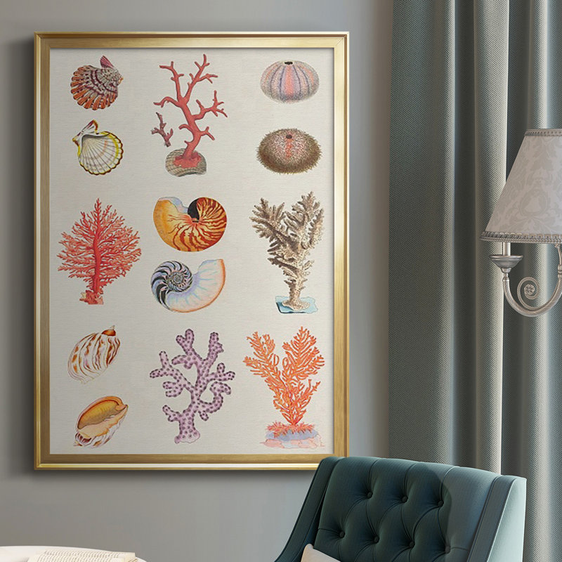 " Coral and Shell Collage I " Print, 36.5" H x 26.5" W x 1" D, Gold