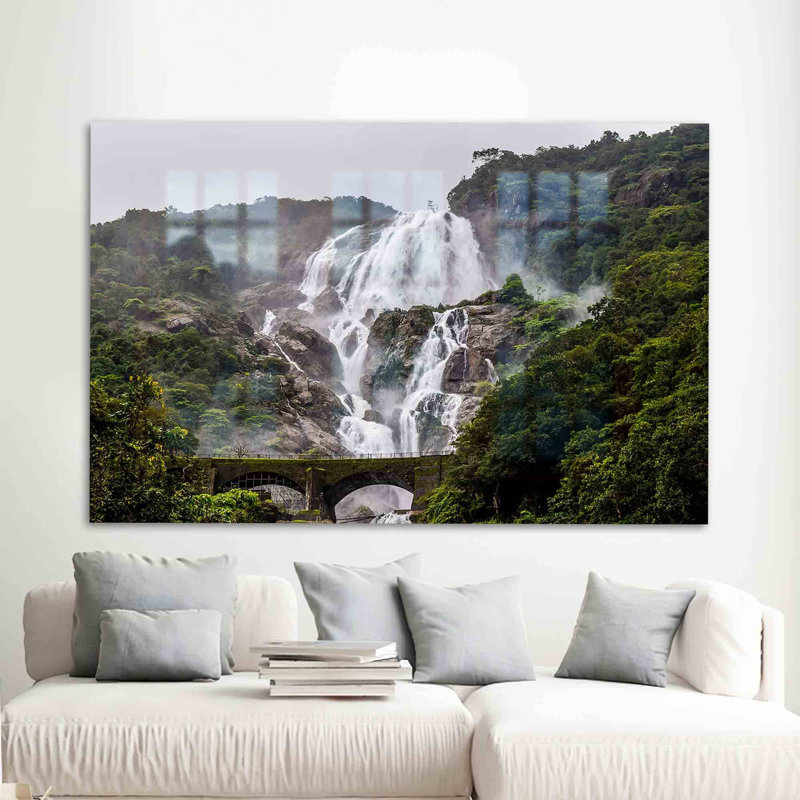 Art mural en verre trempé en cascade avec paysage naturel parfait pour la décoration intérieure, H 47,2 po x l 70,9 po