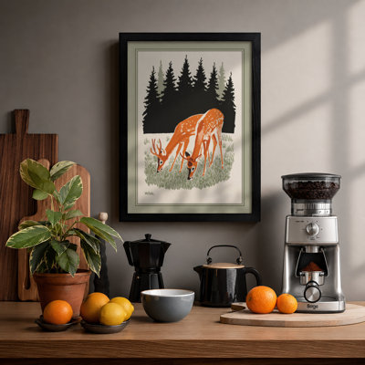 Grazing Deer in Meadow Rustic - Framed Print