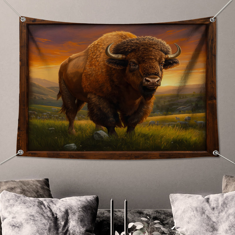 Tapisserie murale «Bison in Grassland» - Décoration murale bison, 68in H x80in W with 4 Grommets