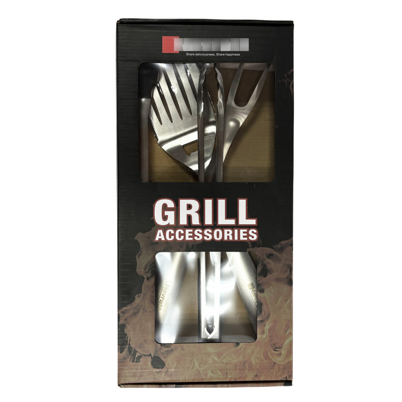 Ensemble d'outils de barbecue robustes en acier inoxydable : spatule, brosse et pinces. Parfait pour les barbecues au gaz, au charbon et infrarouges lors de vos fins de semaine en plein air.