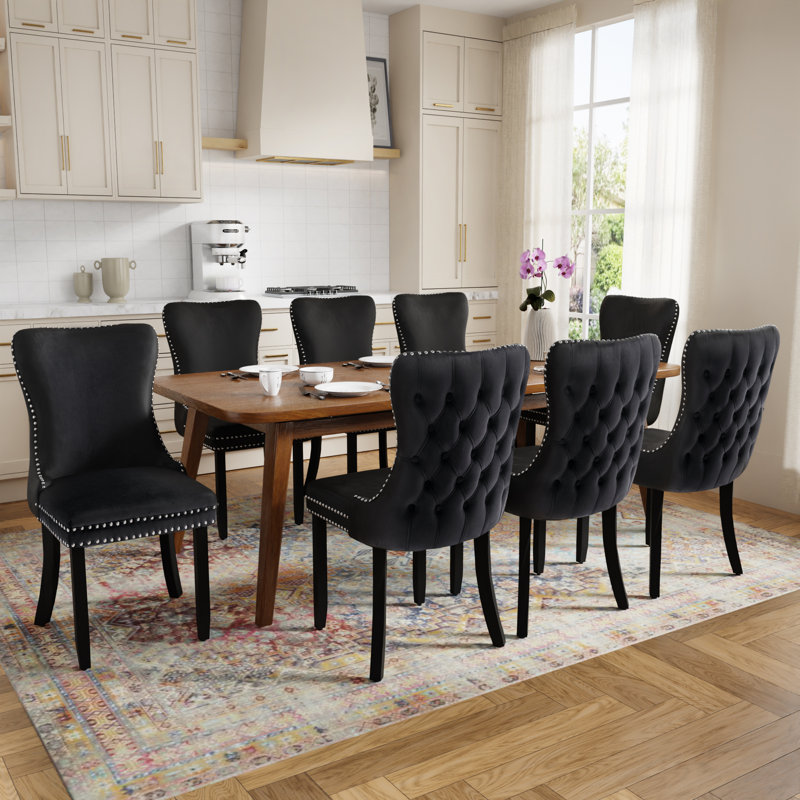 Velvet Upholstered Wing Back Dining Chairs Side Chairs (Set of 8), Black, 8