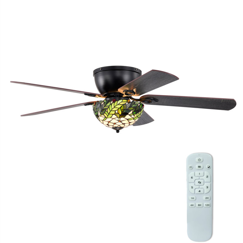 Kyemon 52-Inch Flushmount Lighted Ceiling Fan White Green Fronds Tiffany Glass Lamp Black Finish