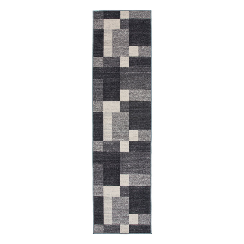Akieba Geometric Tufted Gray/Black/Ivory Non-Slip Rubberback Area Rug, Runner 2'7" x 12'