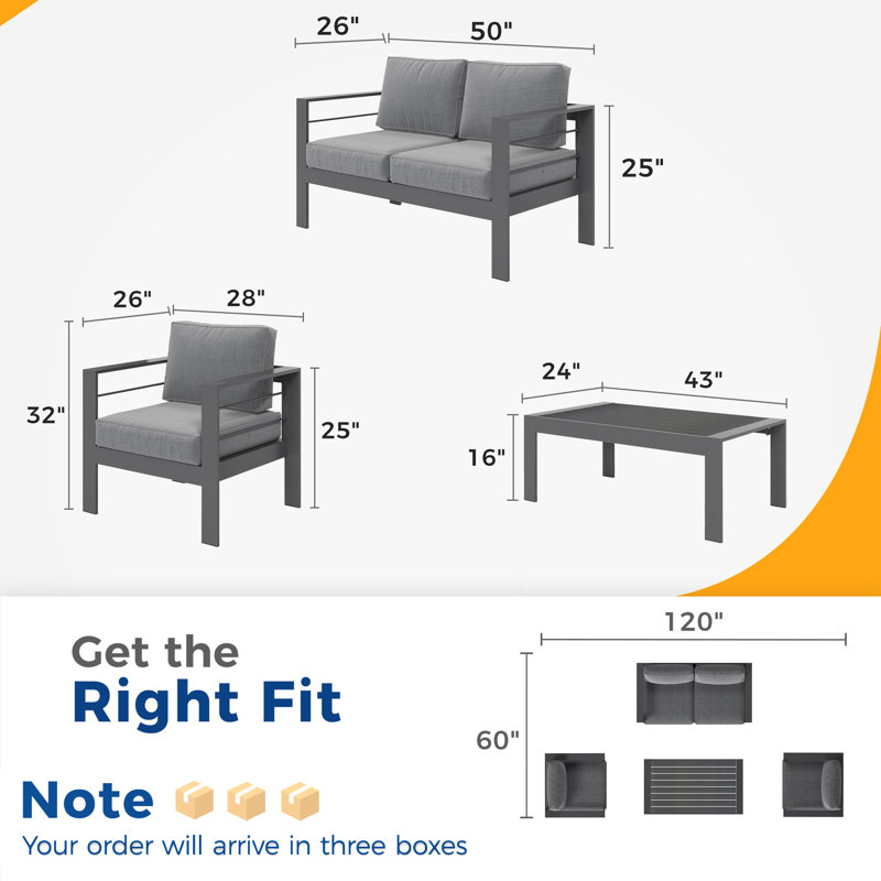 Brandtley Aluminum 4-Person Sofa Seating Group with Cushions, Gray Frame/Gray Cushion