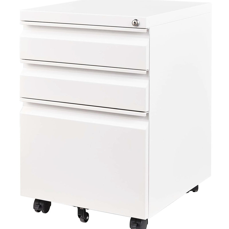 White 3 Drawer Filing Cabinet With Lock For Office. Fully Assembled Metal Unit. Accommodates Letters/Legal/A4. Secure File Keeping. Drawers Have Removable Pencil Tray. Effortless Mobility On 5