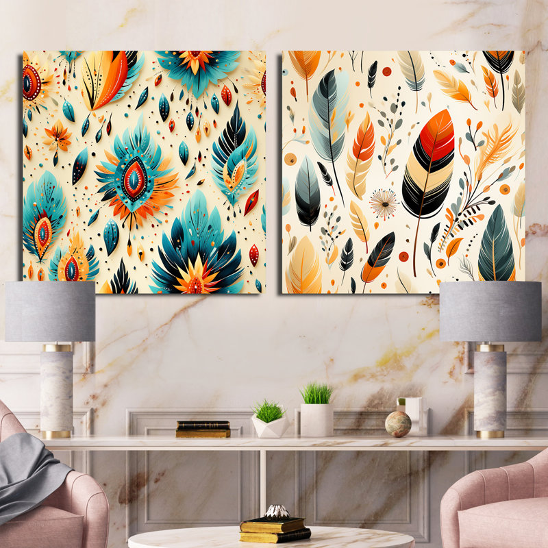 Thane - Ensemble de 2 collages carrés botaniques abstraits, H 36 po x l 73 po, Toile tendue