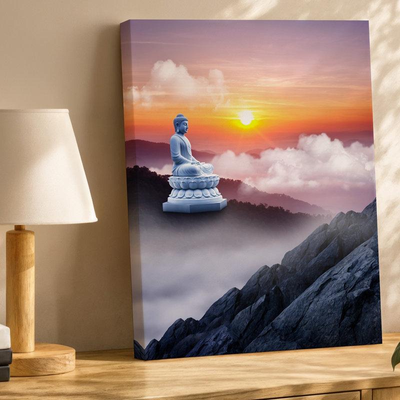Toile, statue de Bouddha en marbre blanc serein posée sur un mur, H 20 po x l 16 po