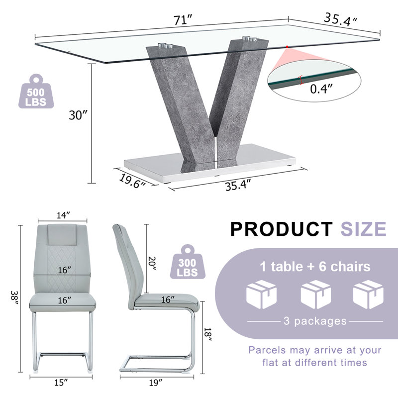 Ensemble de table de salle à manger 71 po en verre trempé 71 po pour 6 à 8 personnes - Ensemble de salle à manger en verre trempé avec chaises en cuir synthétique