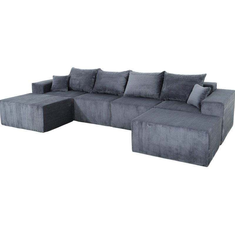 Méridienne convertible surdimensionnée en forme de U 6 en gris, chaise longue convertible, velours côtelé doux, sans assemblage, gris riche avec une détente confortable