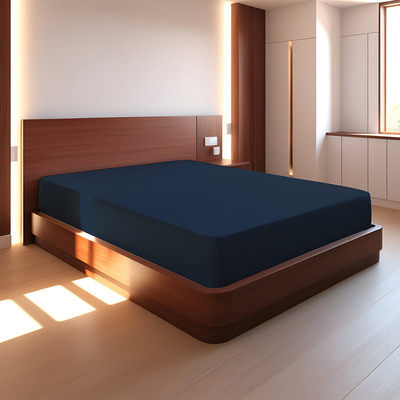 400TC Sateen Solid Cotton Fitted Sheet Fits Upto 16" Deep Pocket, Queen Fitted Sheet, Navy Blue