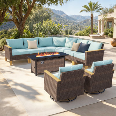 Wanyae Outdoor Wicker Patio Conversation Furniture Set With Swivel Chairs And Firepit Table