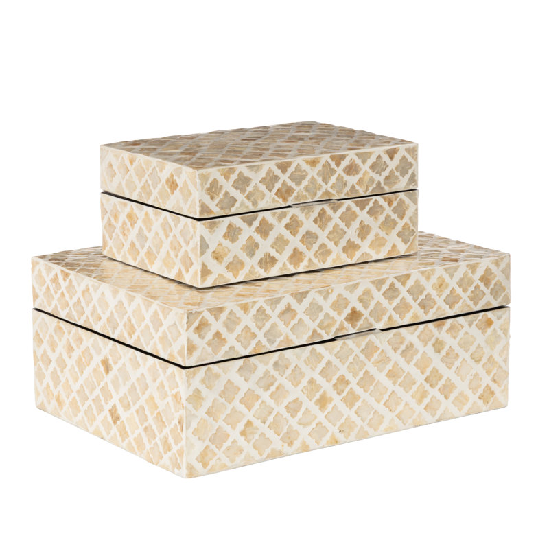 2 Piece Handmade Decorative Box Set, Distressed Beige
