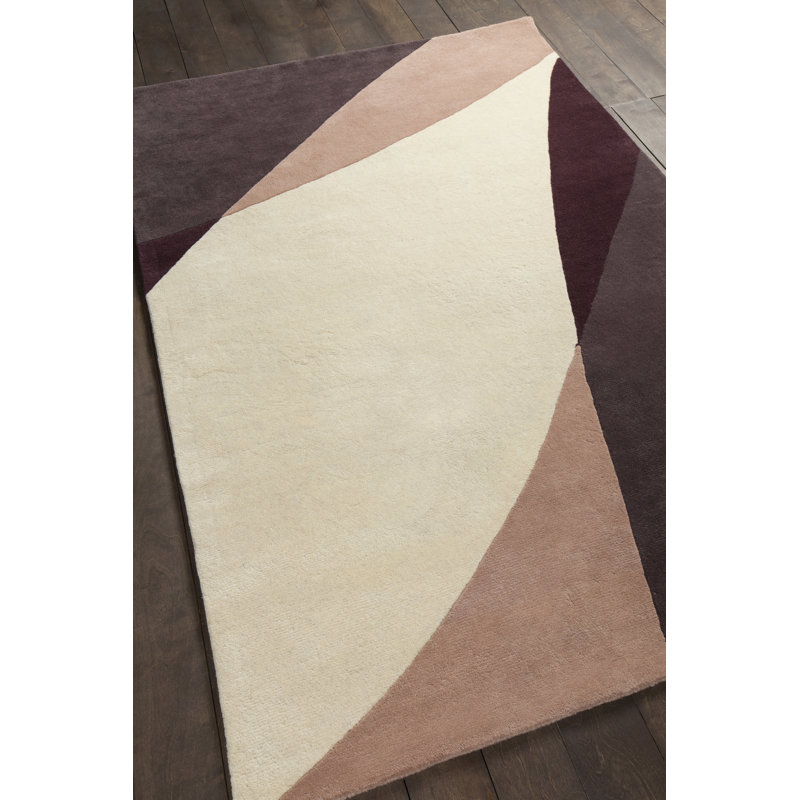Yiwei Authentic Hand Tufted Wool Beige Purple Abstract Area Rug, Rectangle 7'9" x 10'6"