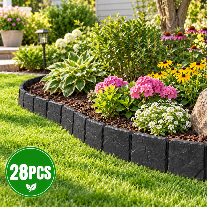 28-Piece Faux Stone Garden Edging Border Set, Black Stake-In Landscape Fence for Flower Beds, Black