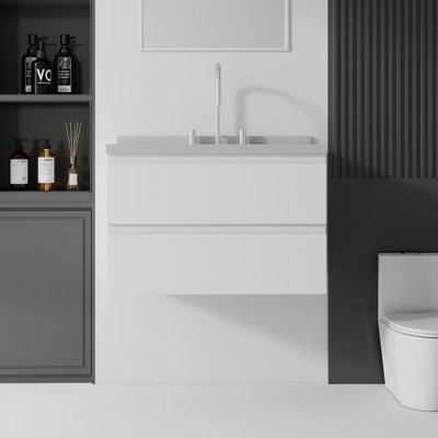 30 Inch Floating Bathroom Vanity with Sink, Soft-Close Door, 2-IN Granite White Cultured Marble Countertop Top & Backsplash,Plywood, White