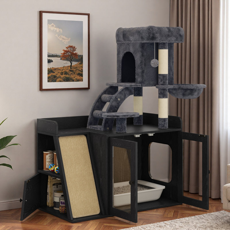 Arbre à chat avec lumière DEL, bac à litière caché, planche à gratter en sisal, espace de rangement, maisonnette pour chat et hamac confortable