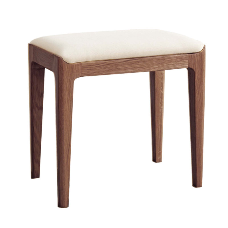 Walnut Color Red Oak Solid Wood Bedroom Vanity Stool With Off-White Seat Natural Wood Channel Stool, Walnut
