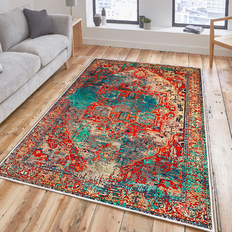 Luxurious 100% Cotton Area Rug, 31.5 x 19.7 inches | 1200 GSM, 0.4 in Pile Height | Antibacterial, Non-Slip PVC Underside, Machine Washable | Stylish Cream, Red, Orange, Blue & Black Design for Home Décor