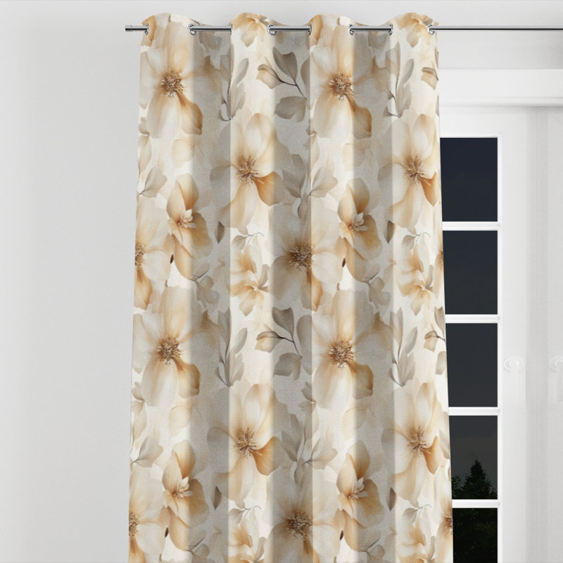 Floral Velvet Curtains - French Country Cream Bloom Grommet Curtain - 1 Panel, 52" W x 84" L, Silver Grommets