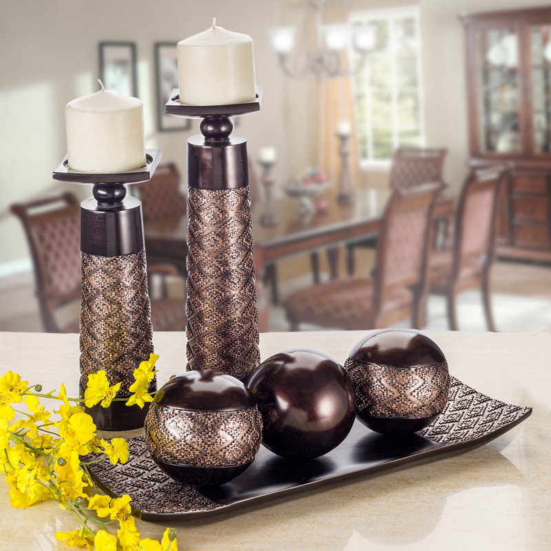 Brown Resin Decorative Tray with Orbs Set