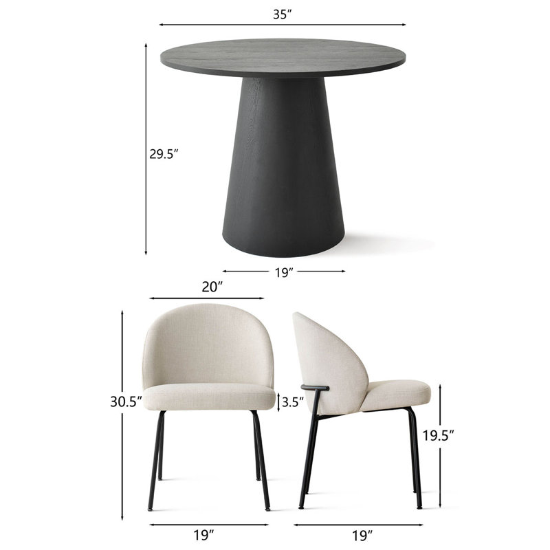 5-Piece Round Dining Table Set For 4 With Black Pedestal Table And 4 Upholstered Chairs, Beige