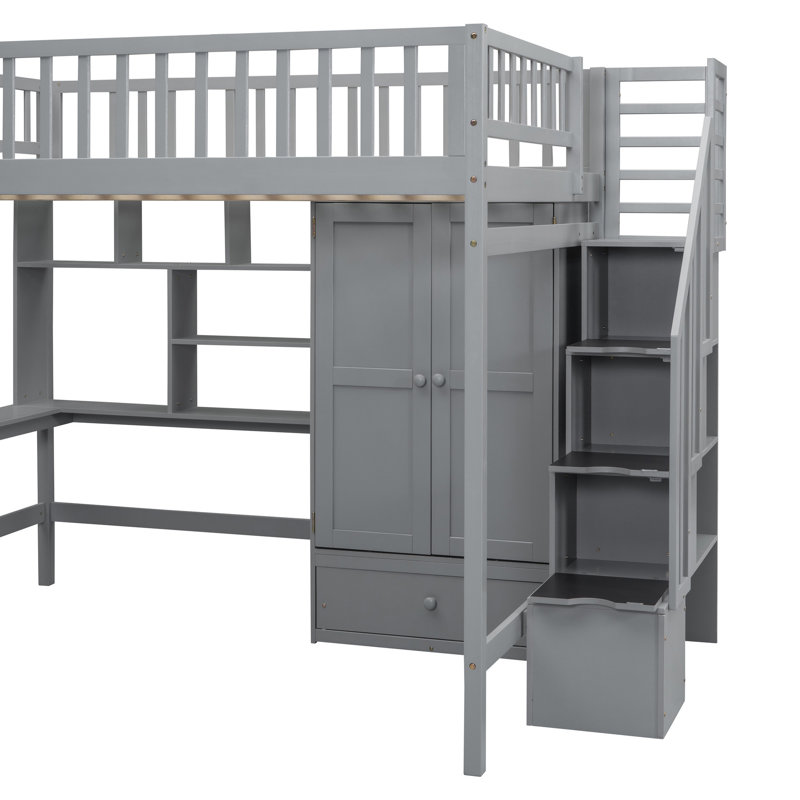 Lit mezzanine double avec bibliothèque, tiroirs, bureau et garde-robe pour une utilisation maximale et polyvalente, Gris