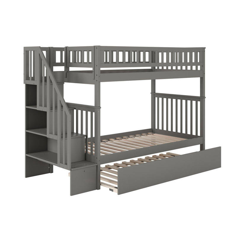 Ilariana Wood Bunk Bed with Staircase and Trundle, Gray, Twin Over Twin