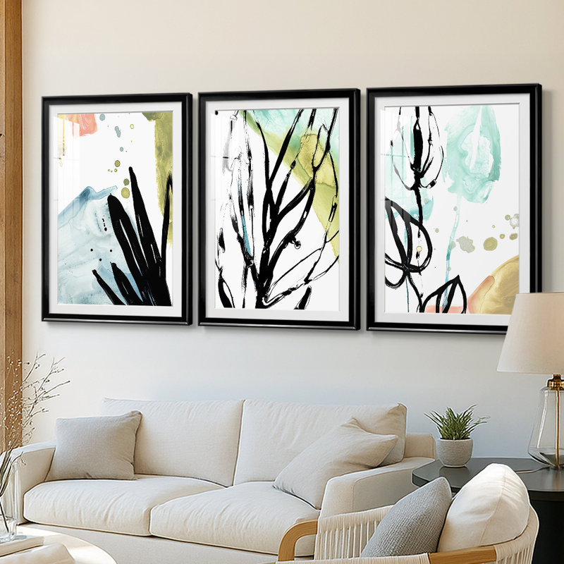 No Deckle Tropical Moderne IX - reproduction encadrée de qualité supérieure sur mesure mat - 3 pièces, H 27 po x l 39 po