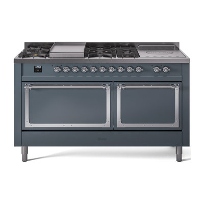 Cuisinière ILVE Nostalgie II Série 60 po à double combustible avec 7 brûleurs scellés, plaque de cuisson, table française (gaz naturel, porte pleine)
