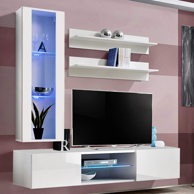 Meuble audio-vidéo mural flottant moderne de 63 po avec éclairage à DEL 16 couleurs Livengood, Blanc