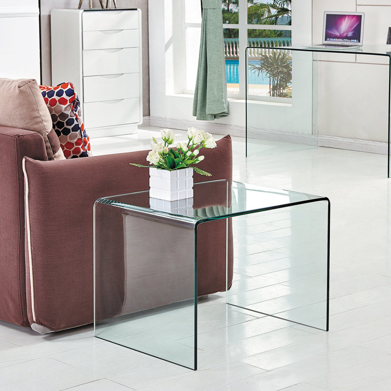 Transparent End Table,Tempered Clear Bent Glass Sidetable