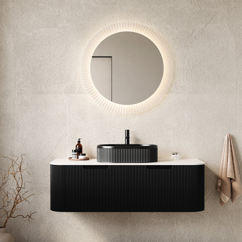 48" Modern Bathroom Vanity With Black Sink, Floating Design, 2 Drawers, Matte 3D Striped Cabinet, Easy To Clean, Pre-Assembled Assemble,