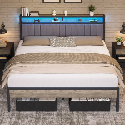 Tryston King Bed Frame With Led Lights & 2 Storage Drawers,  Gray