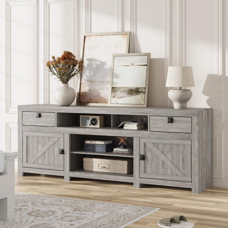 Meuble télé avec 2 tiroirs et armoire Farmhouse, centre de divertissement avec 3 tablettes ouvertes
