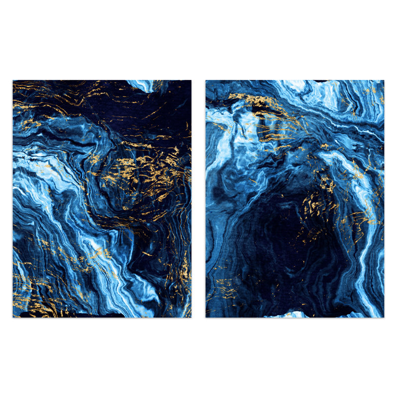 Abstract Dark Blue & Gold Marble 2-Piece Set Unframed Wall Art Prints Living Room Aesthetic Vein Mineral