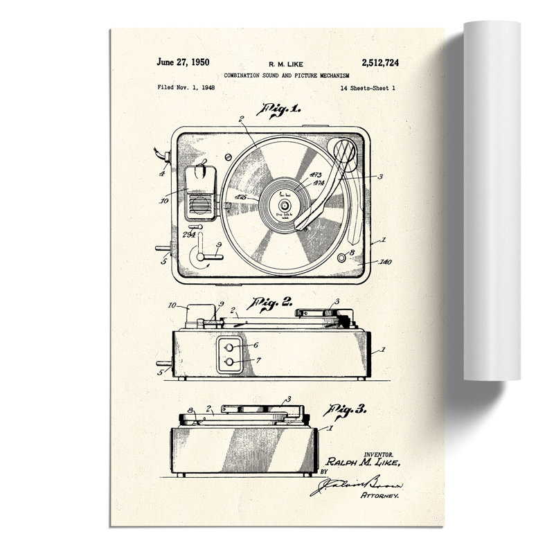 Record Player Patent - Frameless Print, 30cm H x 21cm W x 0.1cm D