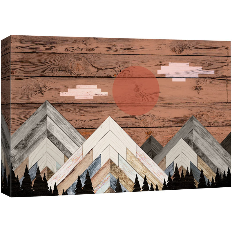 "Western Wood Effect Landscape", panneaux de bois de la chaîne de montagnes "Western Woodblick Day" sur toile