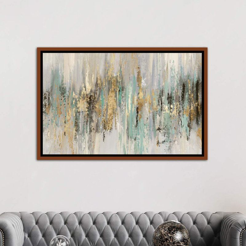 «Dripping Gold I» par Tom Reeves - reproduction imprimée, H 40 po x l 60 po, Toile avec cadre photo, Bois classique