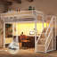 Lit mezzanine industriel en métal avec bureau intégré et escalier de rangement